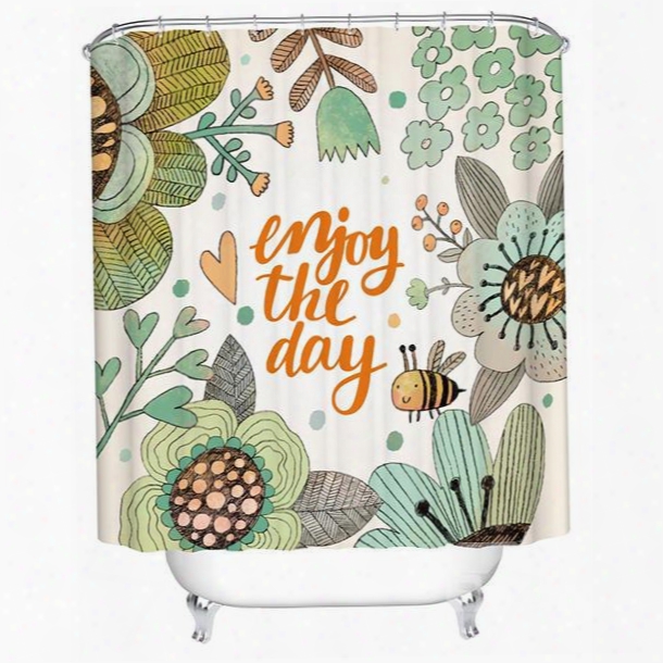 Lively Flowers And Bee Scneery Print 3d Bathroom Shower Curtain