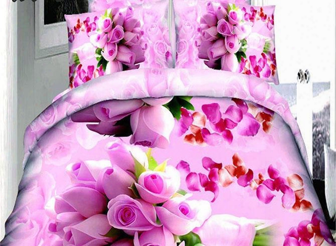 Lovely Pink Roses Print Polyester 4-piece Duvet Cover Sets