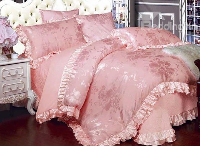 Luxury Sty Le Flowers Jacquard Solkd Pink 6-piece Cotton Sateen Bedding Sets/duvet Cover