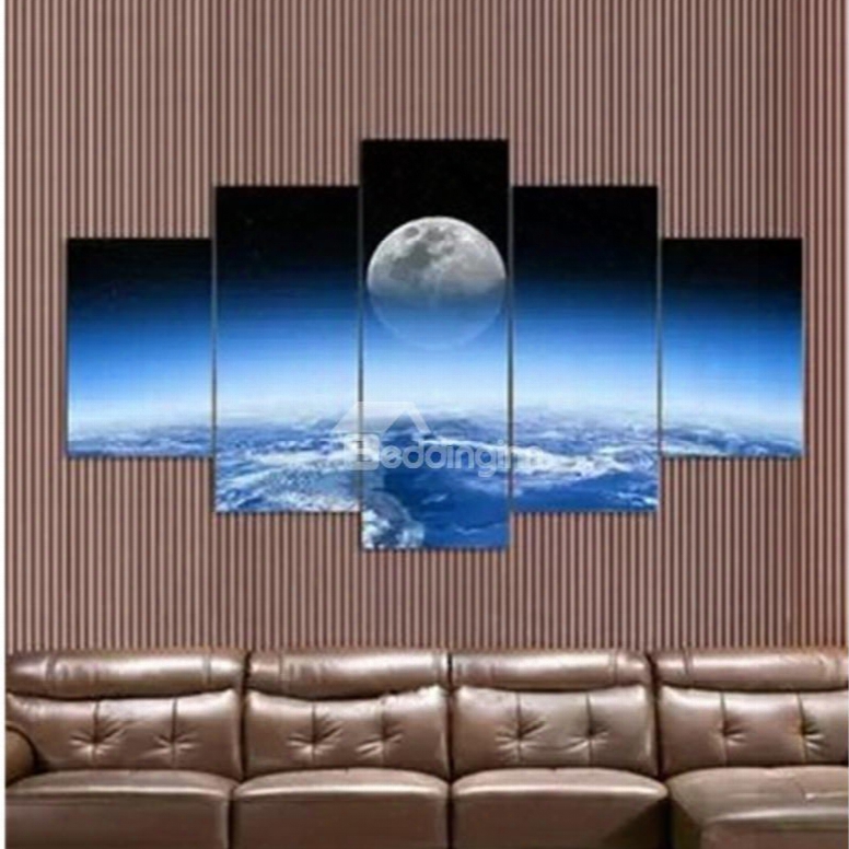 Moon And Blue Planet Pattern Hanging 5-piece Canvas Eco-friendly And Waterproof Non-framed Prints