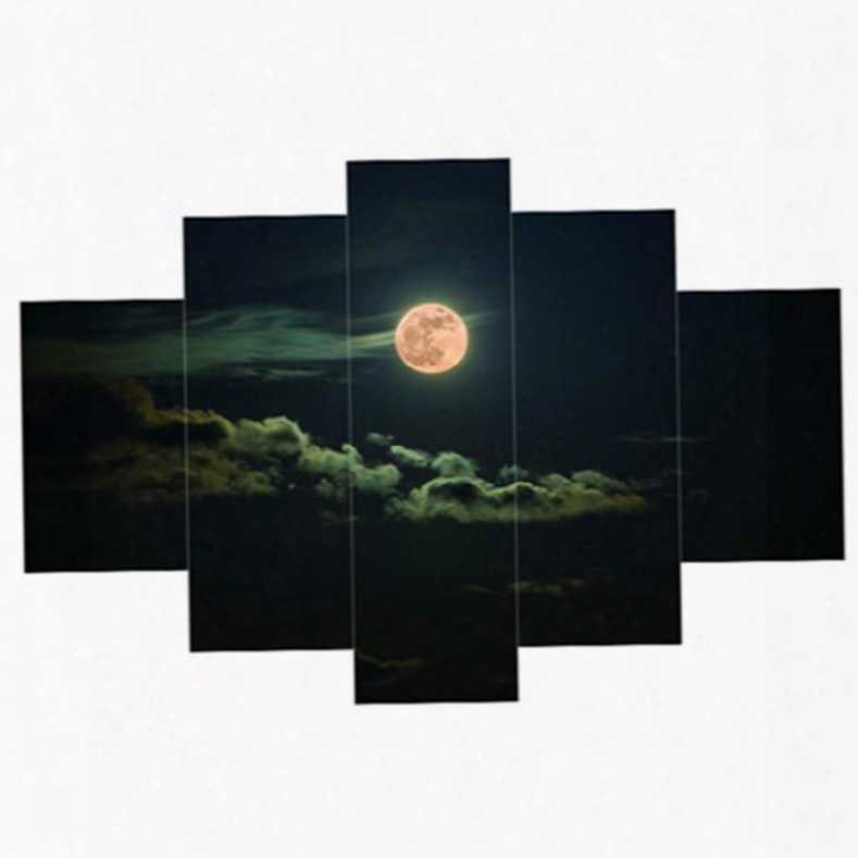 Moon Hung In Black Sky Hanging 5-piece Canvas Eco-friendly And Waterproof Non-framed Prints
