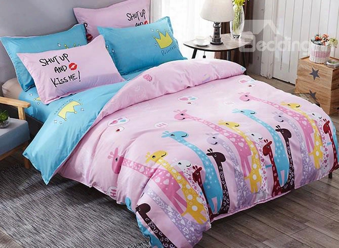 Multicolor Giraffes Prints Polyester 4-piece Pink Bedding Sets/duvet Cover