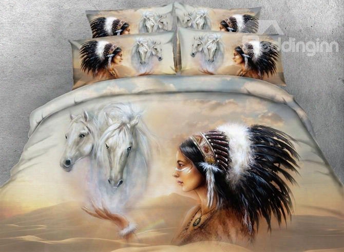 Mysterious American Indian Chief And Horse Print 5-piece Comforter Sets