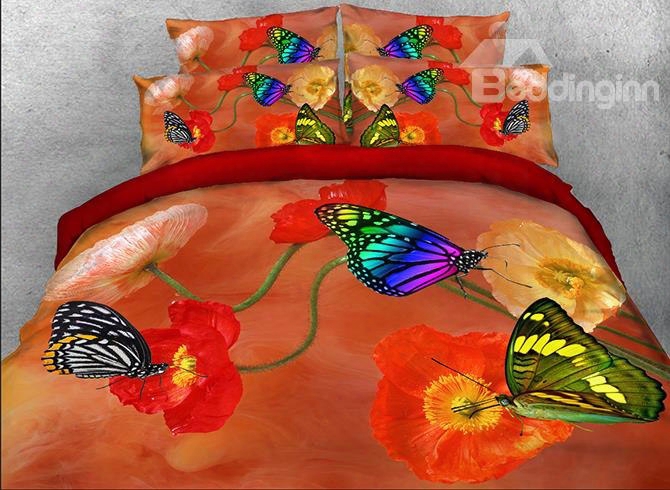 Onlwe 3d Butterfly And Poppy Printed Cotton 4-piece Bedding Sets/duvet Covers