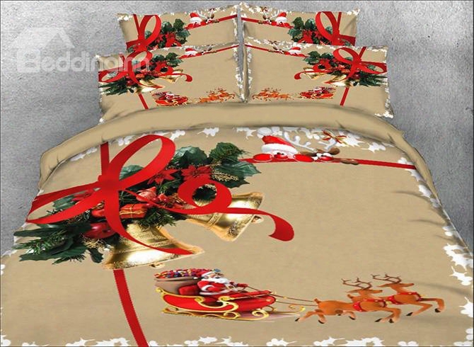 Onlwe 3d Christmas Bell And Santa Claus Printed 4-piece Bedding Sets/duvet Covers