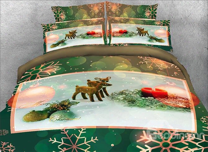 Onlw 3d Christmas Ornaments And Snowflake Printed 4-piece Green Bedding Sets/duvet Covers