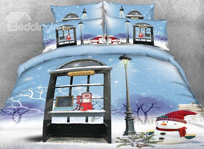 Onlwe 3d Christmas Snowman And Telephone Booth Printed 4-piece Bedding Sets/duvet Covers