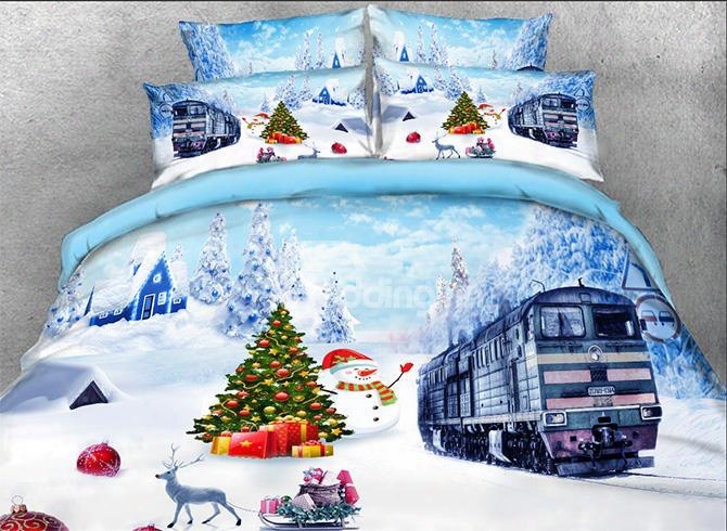 Onlwe 3d Christmas Snowman And Train Printed Cotton 4-piece Bedding Sets/duvet Covers