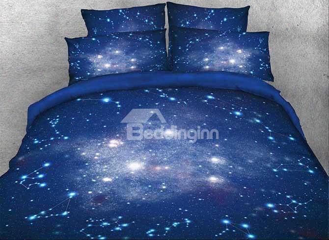 Onlwe 3d Galaxy And Constellation Printed Cotton 4-piece Blue Bedding Sets/duvet Covers