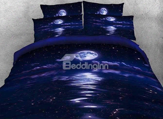 Onlwe 3d Galaxy And The Moon Printed Cotton 4-piece Bedding Sets/duvet Covers