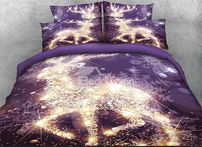 Onlwe 3d Golden Reindeer And Snowflake Printed Cotton 4-piece Bedding Sets/duvet Covers