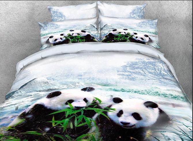 Onlwe 3d Panda Cub Eating Bamboo Printed Cotton 4-piece Bedding Sets/duvet Covers