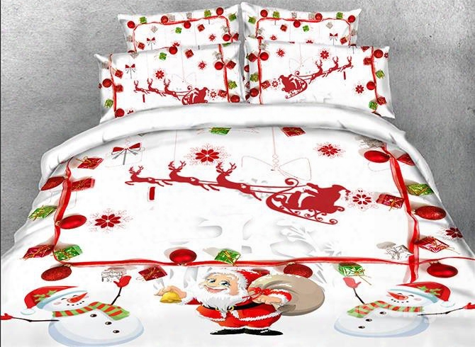 Onlwe 3d Santa Claus And Snowman Printed Cotton 4-piece White Bedding Sets