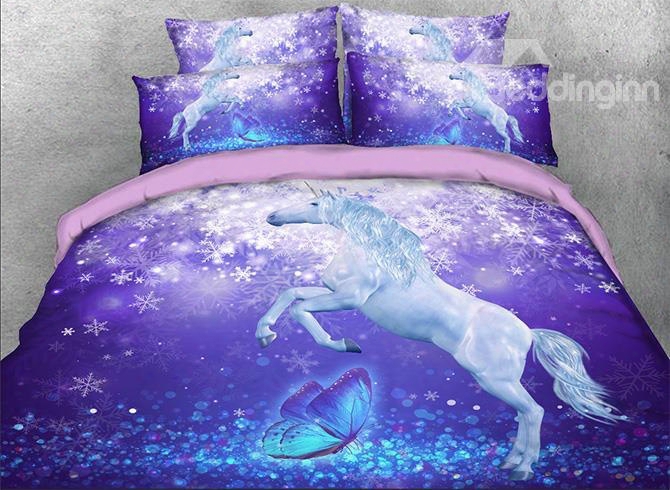 Onlwe 3d Unicorn And Butterfly Printed Cotton 4-piece Purple Bedding Sets/duvet Covers