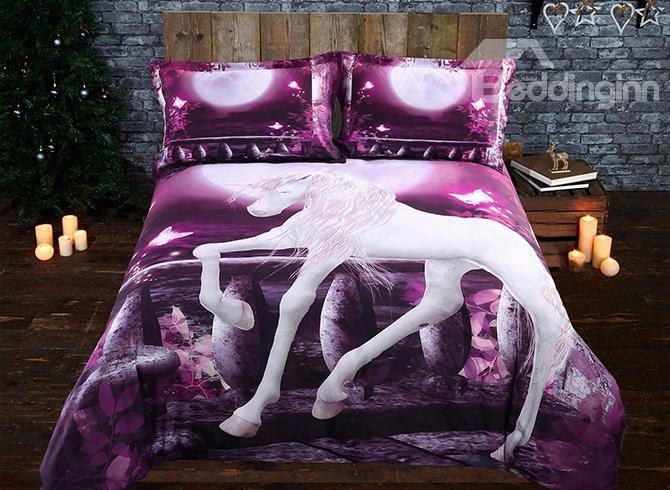 Onlwe 3d Unicorn And Full Moon Printed 4-piece Purple Bedding Sets/duvet Covers