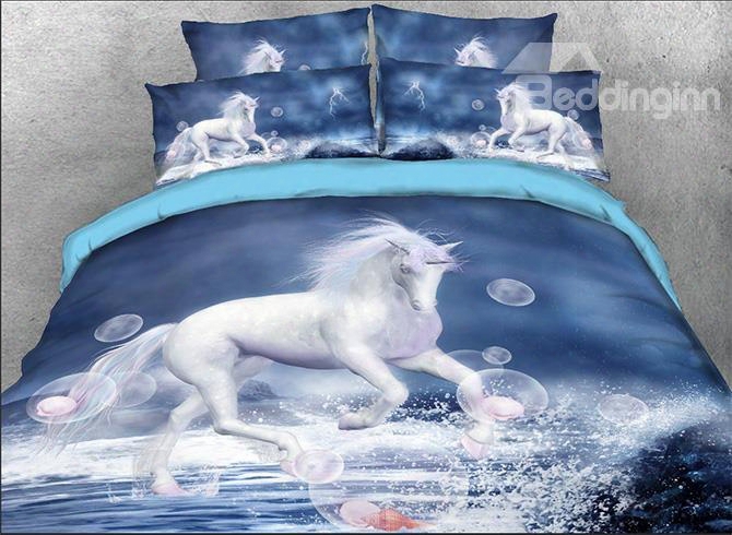 Onlwe 3d White Unicorn And Bubbles Printed Cotton  4-piece Bedding Sets/duvet Covers