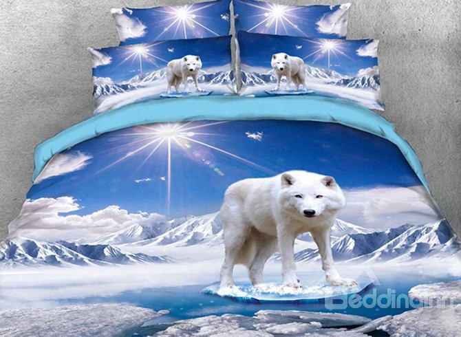 Onlwe 3 D White Wolf Printed Cotton 4-piece Bedding Sets/duvet Covers