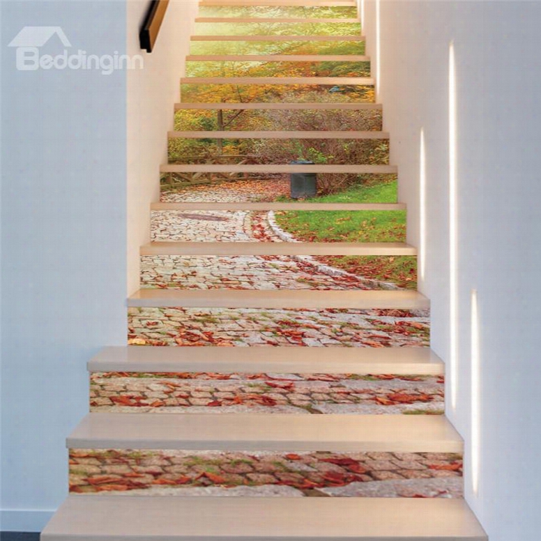 Path In Park Surrounded By Plants 13-piece Pvc 3d Waterproof Stair Murals