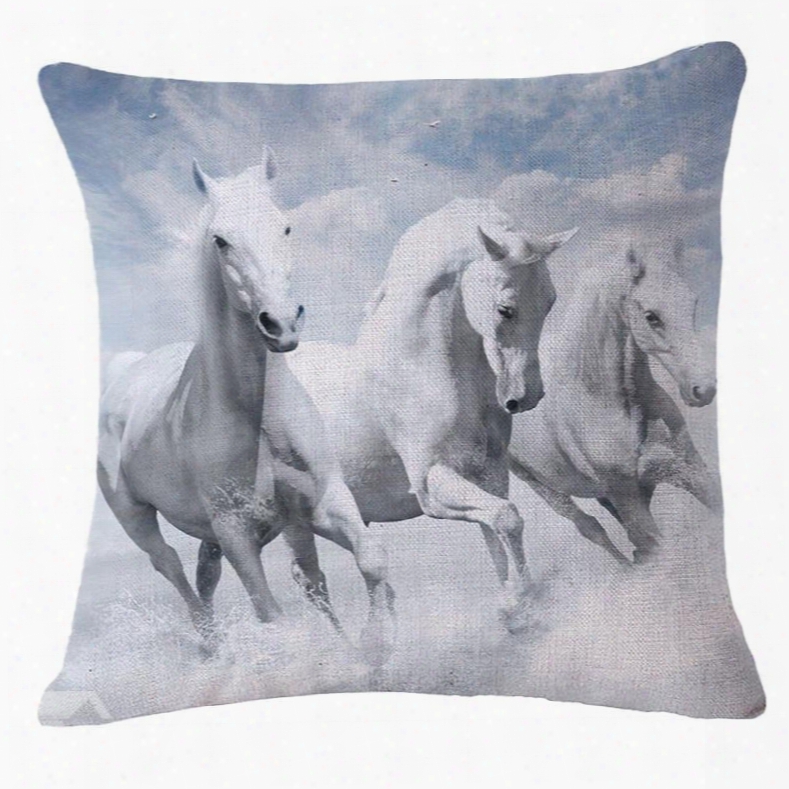 Personalized 3d Three White Horses Printed Square Throw Pillow