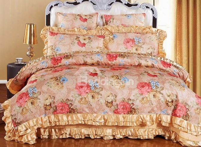 Pink And White Flowers Pattern Luxury Style 6-piece Cotton Sateen Bedding Sets/duvet Cover