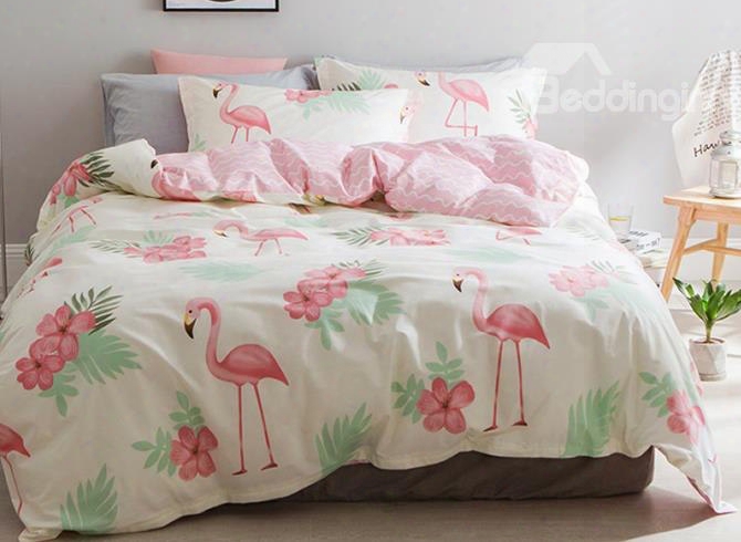 Pink Flamingo Pattern Fresh Style Beige Cotton 4-piece Bedding Sets/duvet Cover