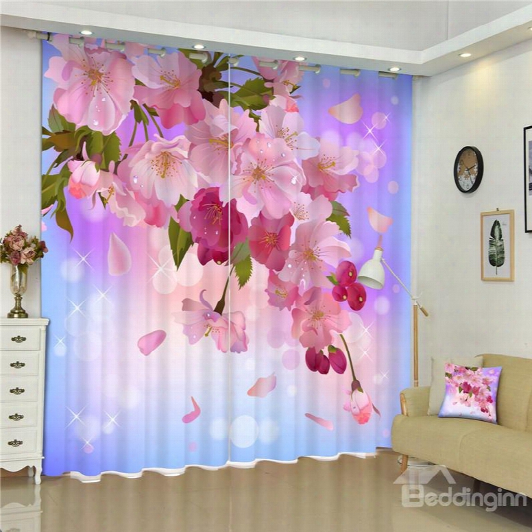 Pink Peach Flowers With Green Leaves Romantic Purple 3d Bedroom And Living Room Curtain