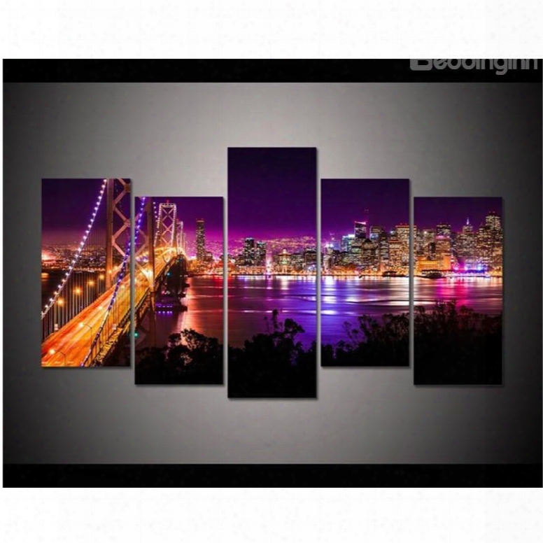 Purple And Yellow City Scenery Hanging 5-piece Canvas Eco-friendly And Waterproof Non-framed Prints