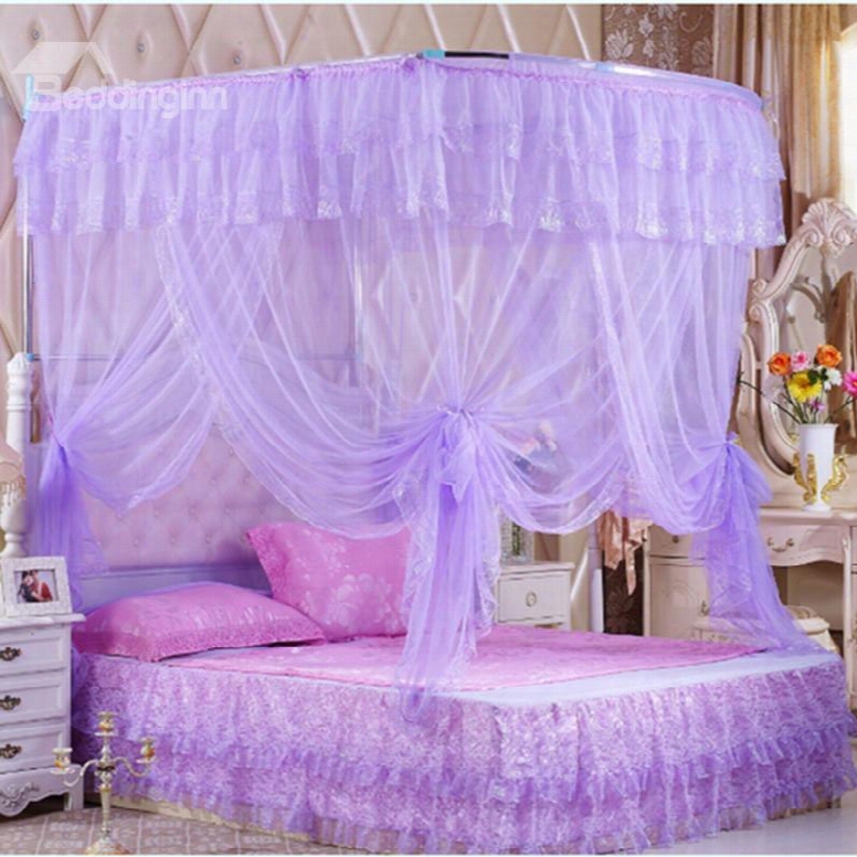 Purple U-shape Rail Stainless Steel Bracket Polyester Retractable Bed Nets
