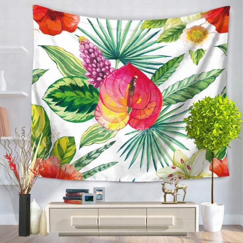 Red Flowers And Palm Leaves Pattern Decorative Hanging Wall Tapestry