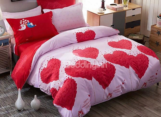 Red Hearts Prints Romantic Style Polyester 4-piece Pink Bedding Sets/duvet Covers