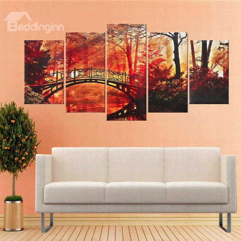 Red Le Aves In Tree And Bridge Hanging 5-piece Canvas Eco-friendly Waterproof Non-framed Prints