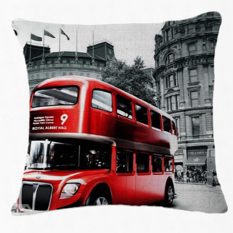 Red London Bus Print Square Throw Pillow