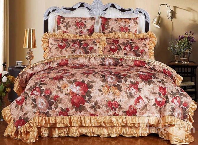 Red Rose Pattern Vintage Style 6-piece Cotton Sateen Bedding Sets/duvet Cover