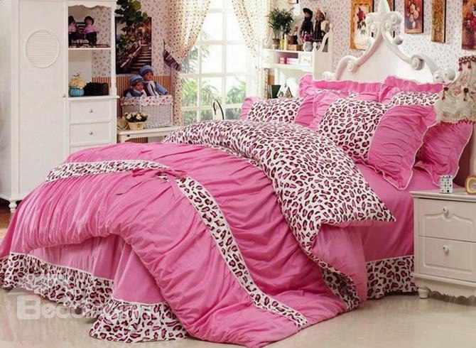 Romantic Pink Leopard Print 4-piece Cotton Duvet Cover Sets