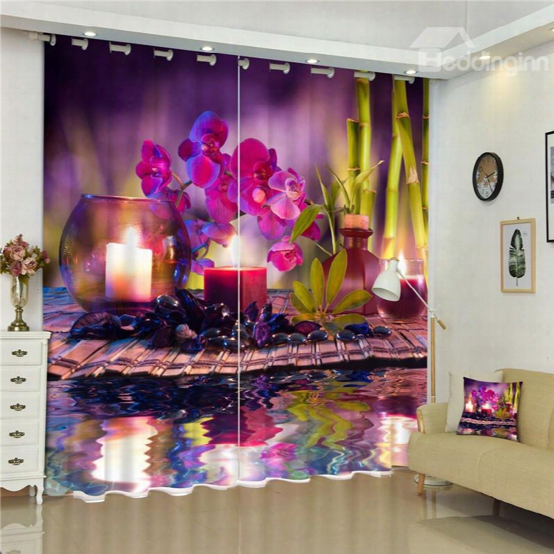 Romantic Pruple Iris And Candle Light Charming Scenery Custom Decorative Window Curtain