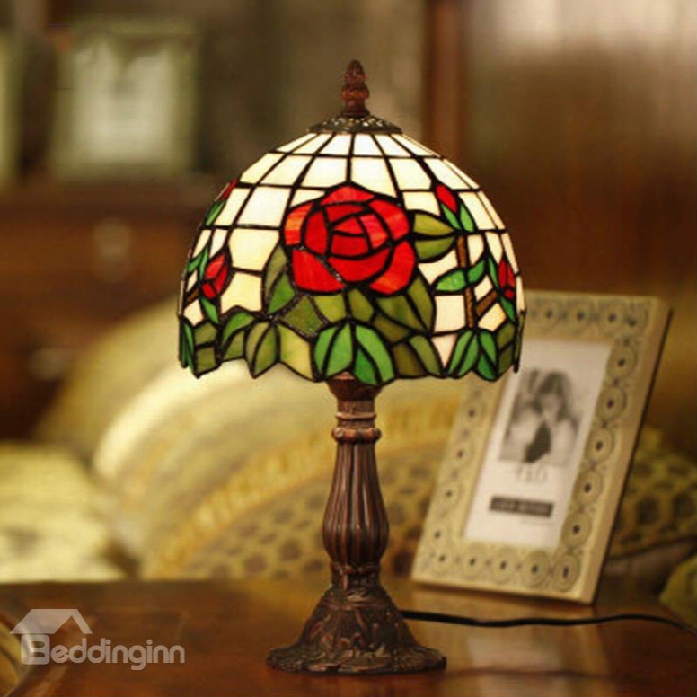 Romantic Red Rose Tiffany Series Bedroom And Living Room Desktop Decorative Lamp