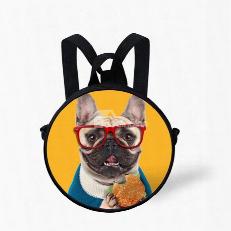 Round 3d Dog With Glasses Pattern Schoool Bag Shoulders Backpack