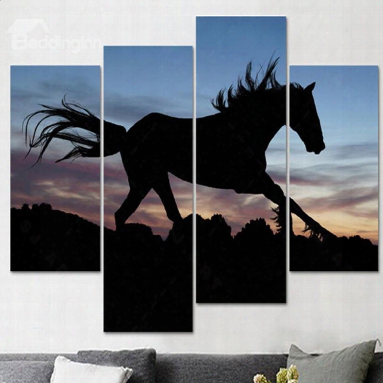 Running Horse In Dusk Pattern Canvas Waterproof And Eco-friendly 4-piece Framed Prints