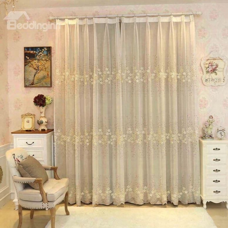 Rustic Floal Embroidery Sheer And Beige Cloth Sewing Together Curtain Sets