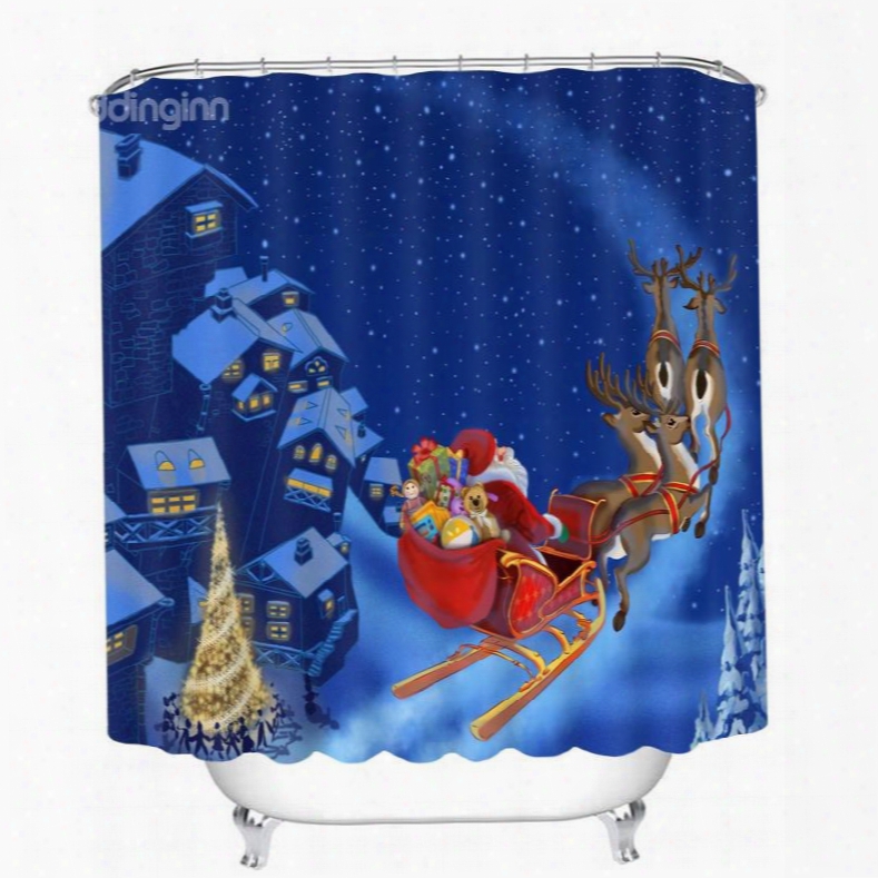 Santa Riding Reindeer In The Snow Printing Christmas Theme 3d Shower Curtain