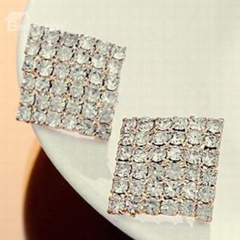 Shining Rhinestone Quadrangle Design Earrings