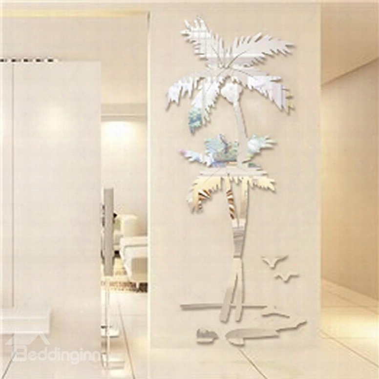 Silver Coconut Palm Acrylic Mirror Waterproof And Eco-friendly 3d Wall Stickers