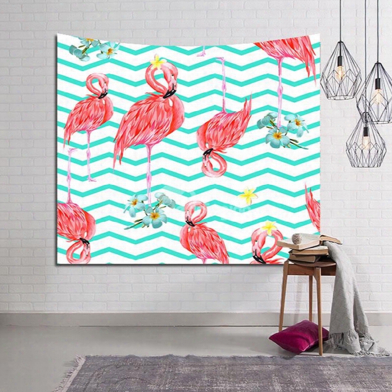 Sleepy Flamingos And Blue Wavy Lines Decorative Hanging Wall Tapestry