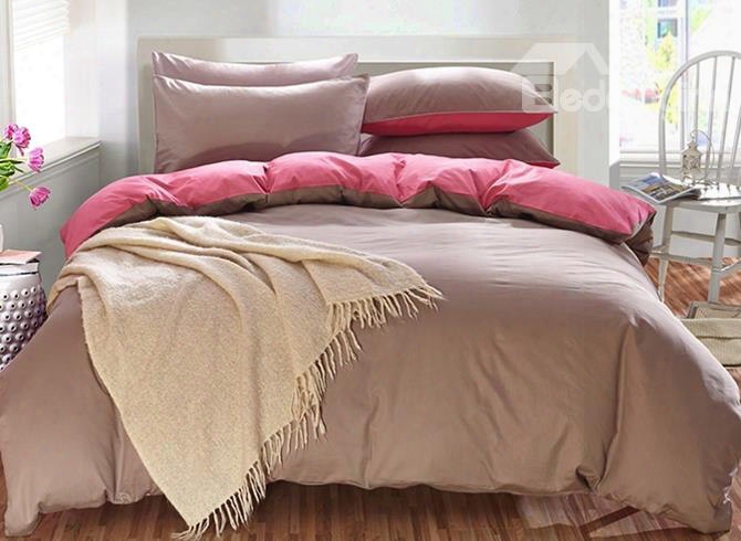 Solid Brown Gray And Pink Color Blocking Ctoton 4-piece Bedding Sets/duvet Cover