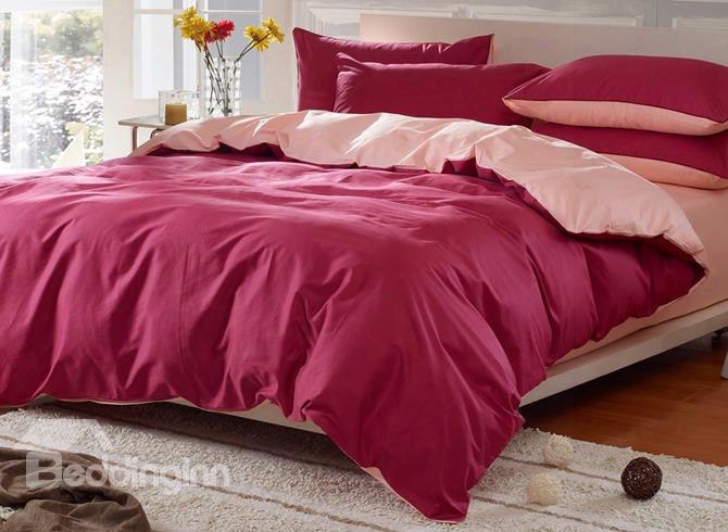 Solid Burgundy Red And Light Pink Color Blocking Cotton 4-piece Bedding Sets/duvet Ccover