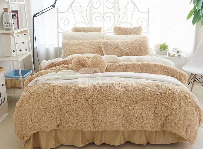 Solid Camel And White Color Blocking Nappy 4-piece Bedding Sets/duvet Cover
