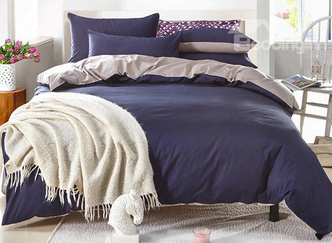 Solid Dark Blue And Gray Cllor Blocking Cotton 4-piece Bedding Sets/duvet Cover