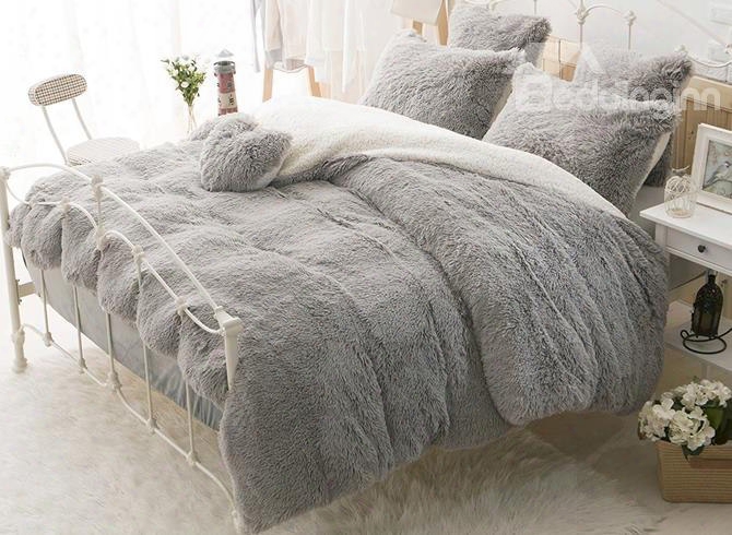 Solid Gray And White Color Blocking Fluffy 4-piece Bedding Sets/duvet Cover