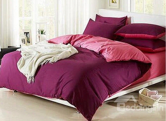 Solid Magenta And Pink Color Blocking Cotton 4-piece Bedding Sets/duvet Cover
