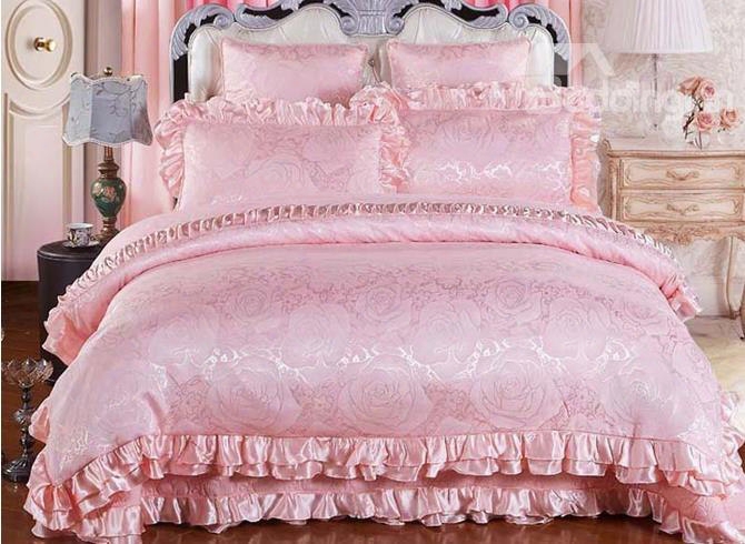 Solid Pink Rose Pattern Luxury Style 6-piece Cotton Sateen Bedding Sets/duvet Cover